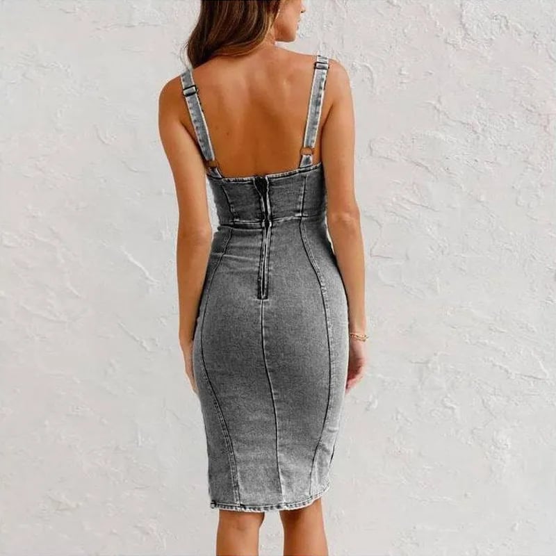 🔥Hot Sale🔥Adjustable Strap U-neck Split Denim Bodycon Cami Dress - Flattering & Versatile for Every Summer Occasion