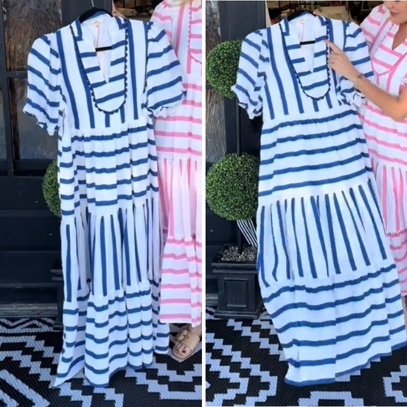 🌟2025 New Arrival🌟Striped V-Neck Flowy Midi Dress