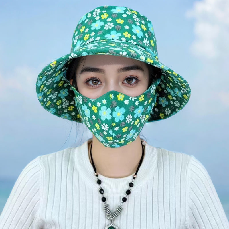 ⏳ Limited time 50% off! 💥Floral Large Brimmed Sun Hat with Mask(The more you buy, the higher the discount)