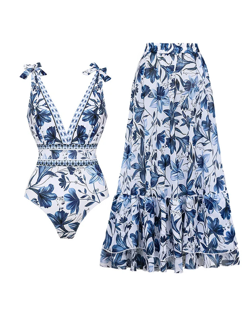 š„ Special Sale 49% OFFš©±V Neck Lace Up Printed One Piece Swimsuit and Skirt