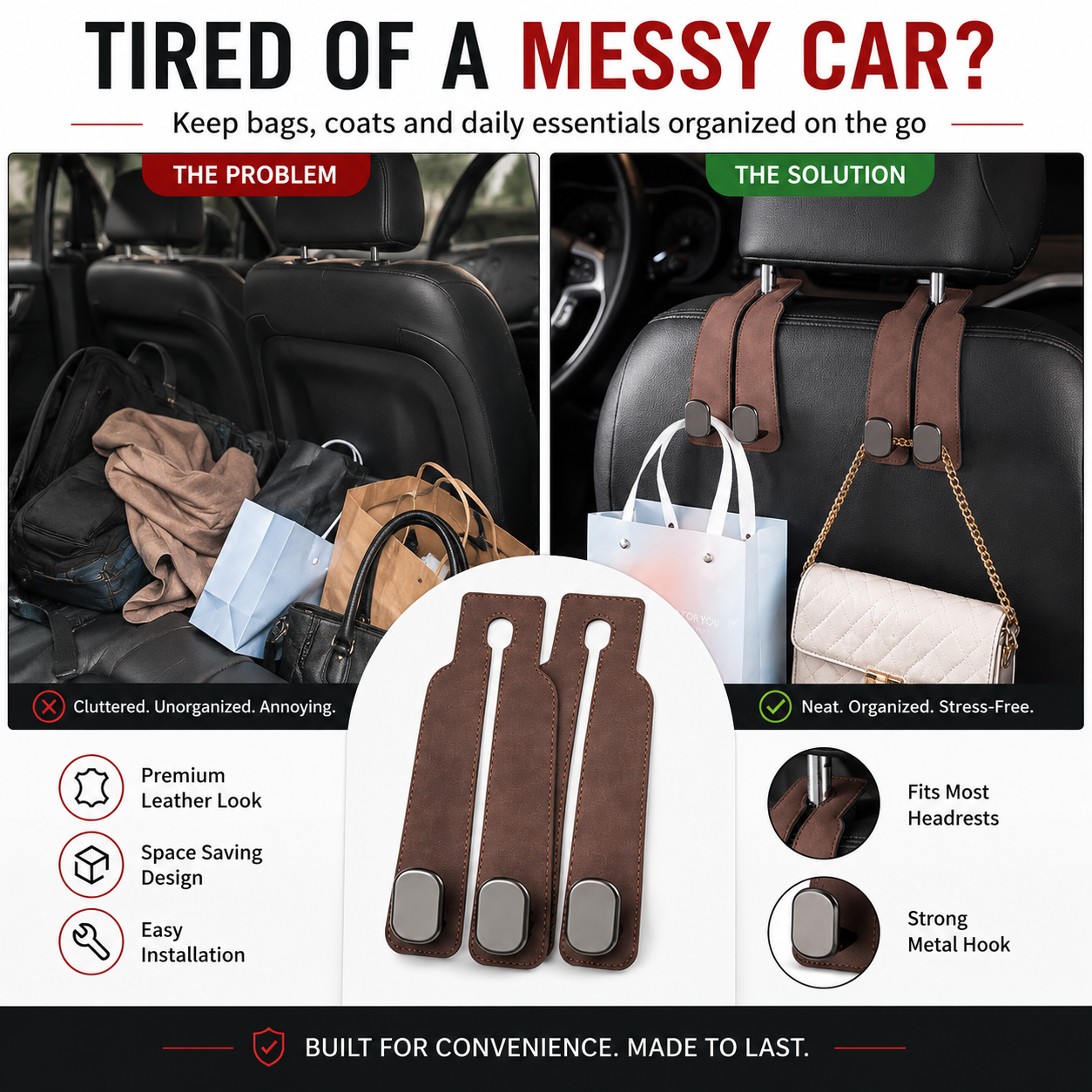 Tired of shopping bags rolling around your boot? 🚗 Grab our stylish seat hooks – 10-second install, zero clutter.