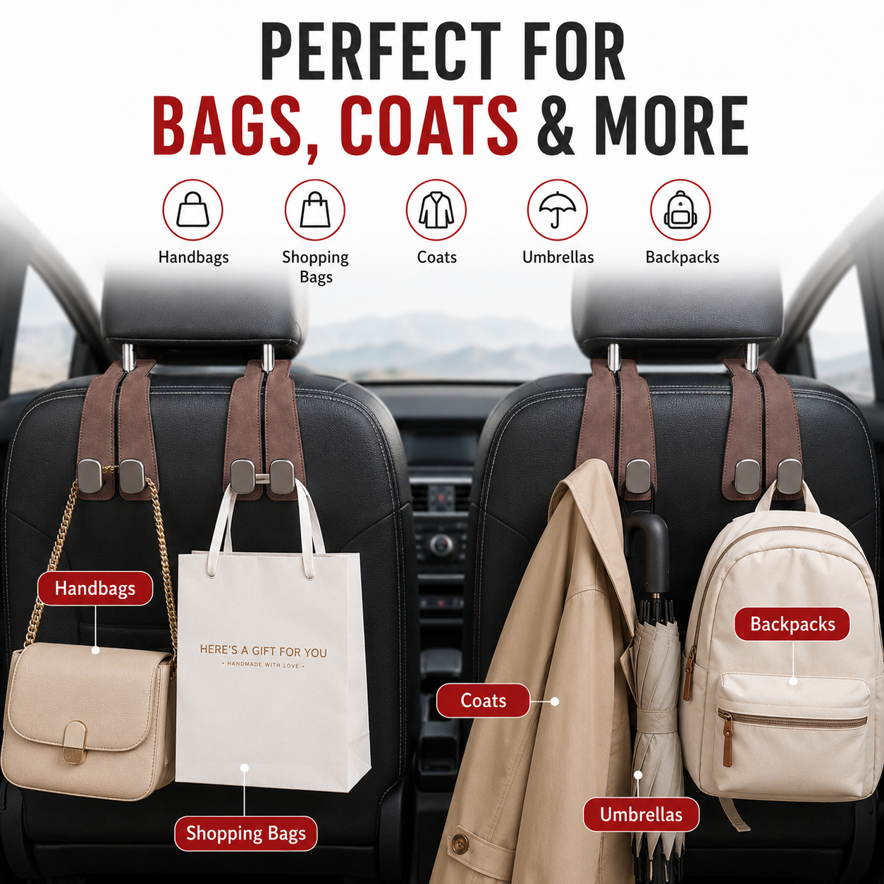 Tired of shopping bags rolling around your boot? 🚗 Grab our stylish seat hooks – 10-second install, zero clutter.