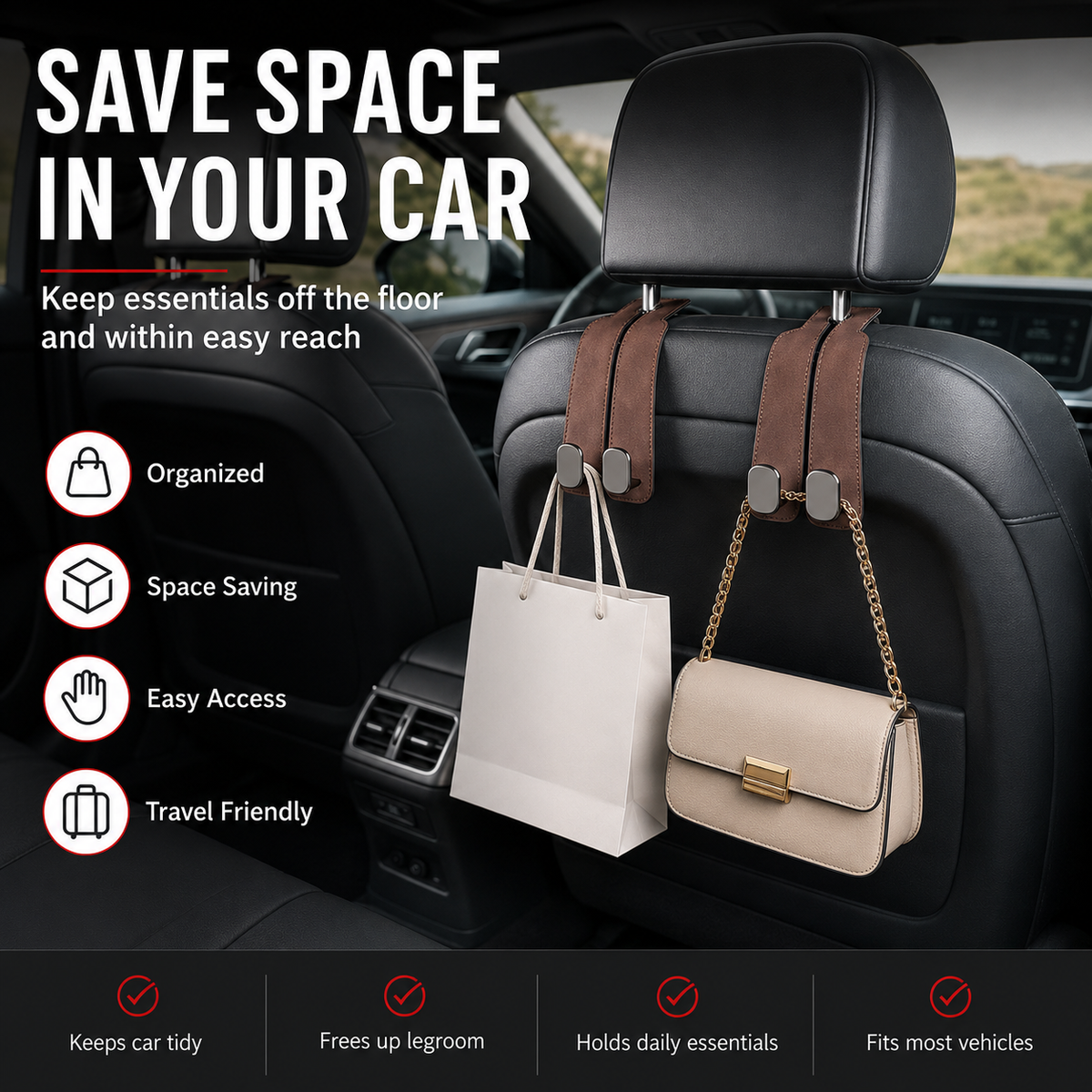 Tired of shopping bags rolling around your boot? 🚗 Grab our stylish seat hooks – 10-second install, zero clutter.