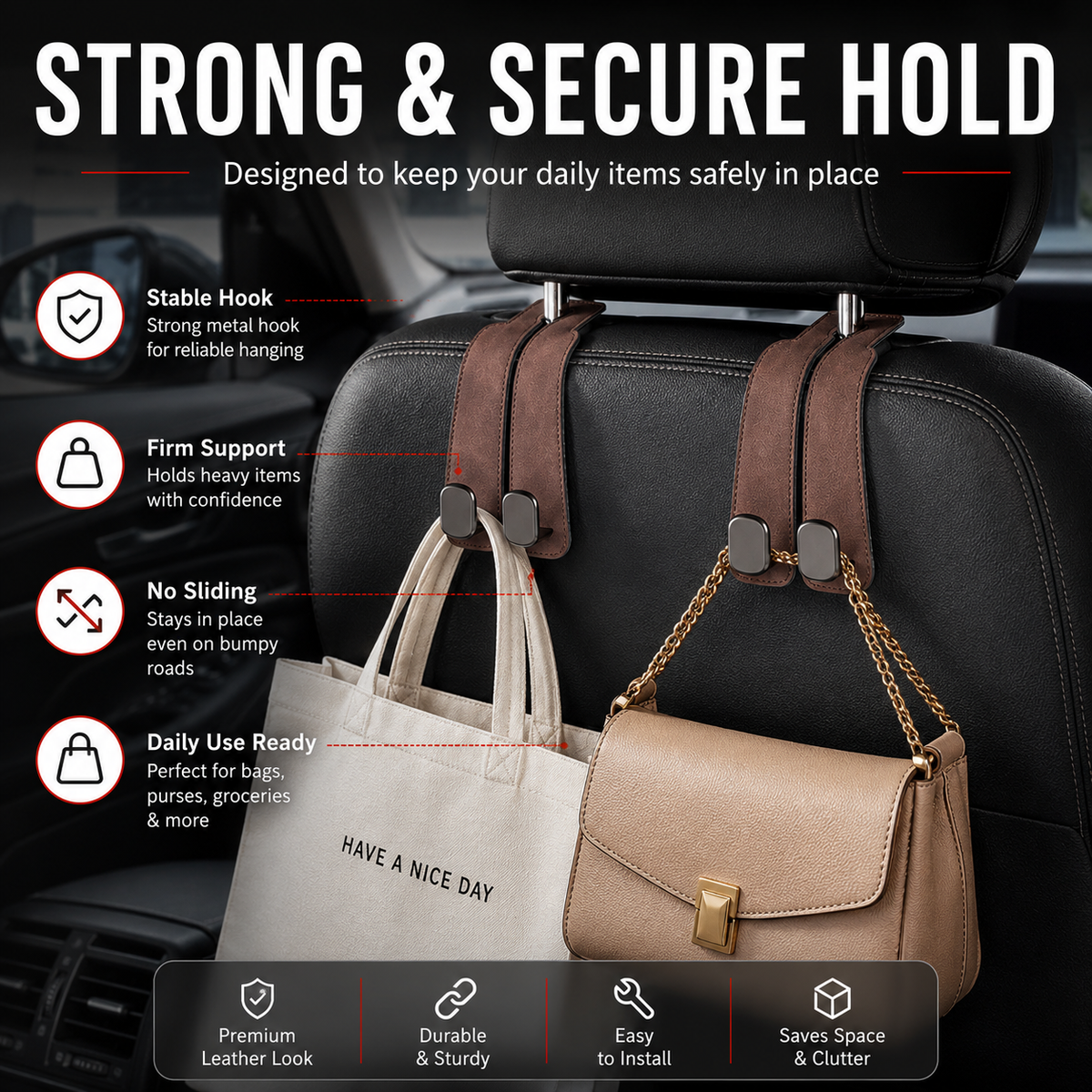 Tired of shopping bags rolling around your boot? 🚗 Grab our stylish seat hooks – 10-second install, zero clutter.