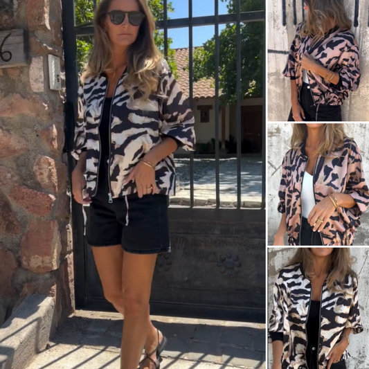 🔥Today 50% off🔥Women's Fall Zebra Print Zipper Bomber Jacket