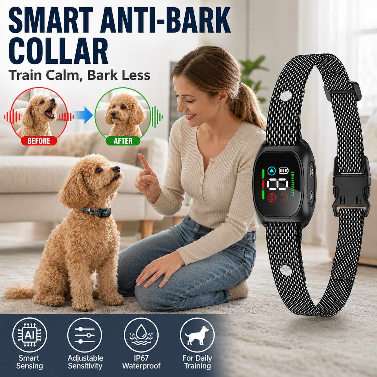 🐕2026 HOT SALE🥳💞50K+ SOLD! 🛡️🐾 50% OFF! Anti Bark Collar – Smart anti‑false triggering filters out other barks. IP67 waterproof & USB rechargeable – worry‑free training anywhere! 💦✅